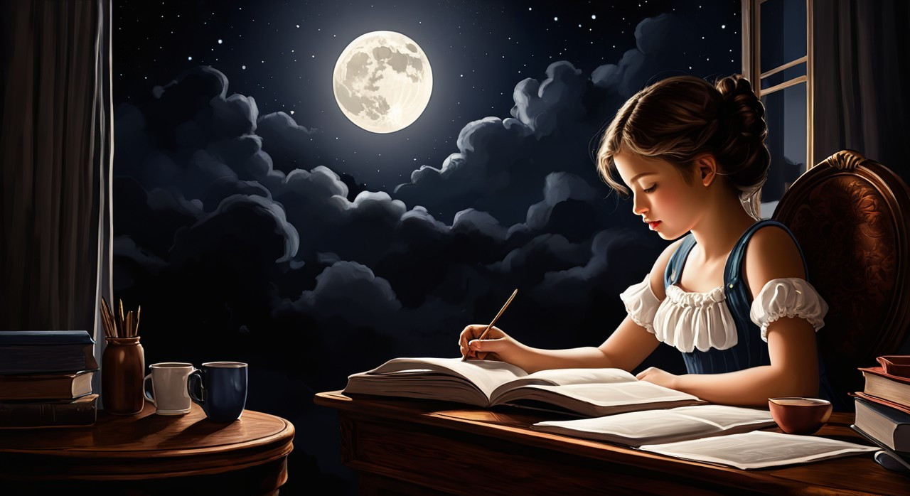 Cozy Room with Young Girl Writing by Moonlight