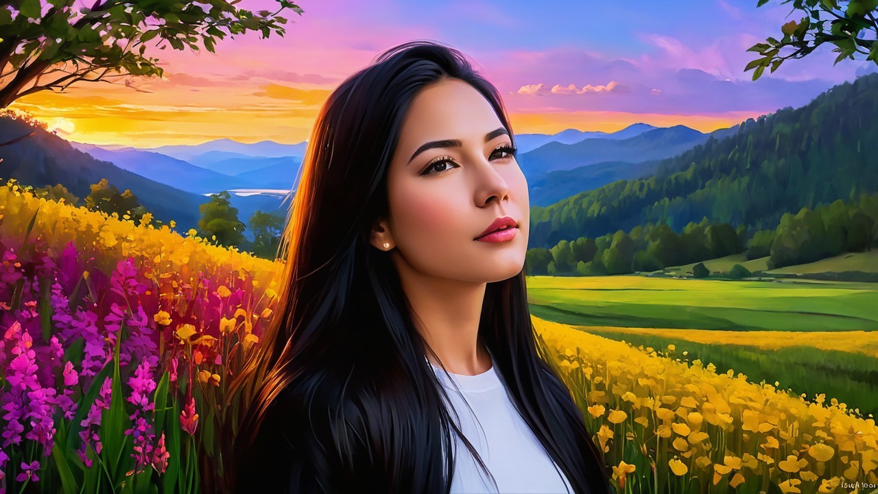 Young Woman in Serene Landscape with Wildflowers and Sunset