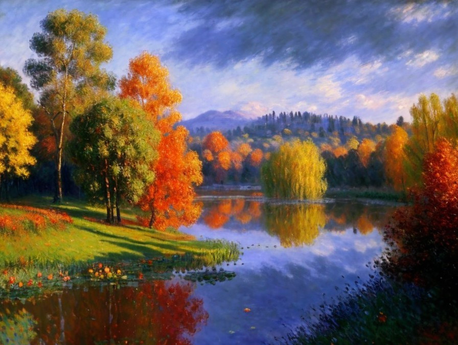 Vibrant autumn trees reflected in calm lake with distant mountains - serene landscape.