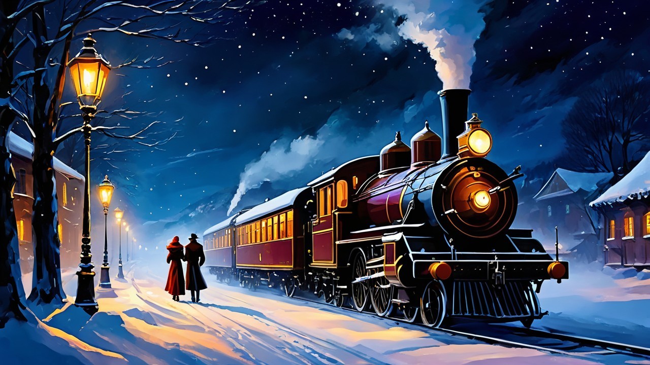 Winter Night Scene with Train, People, and Snow