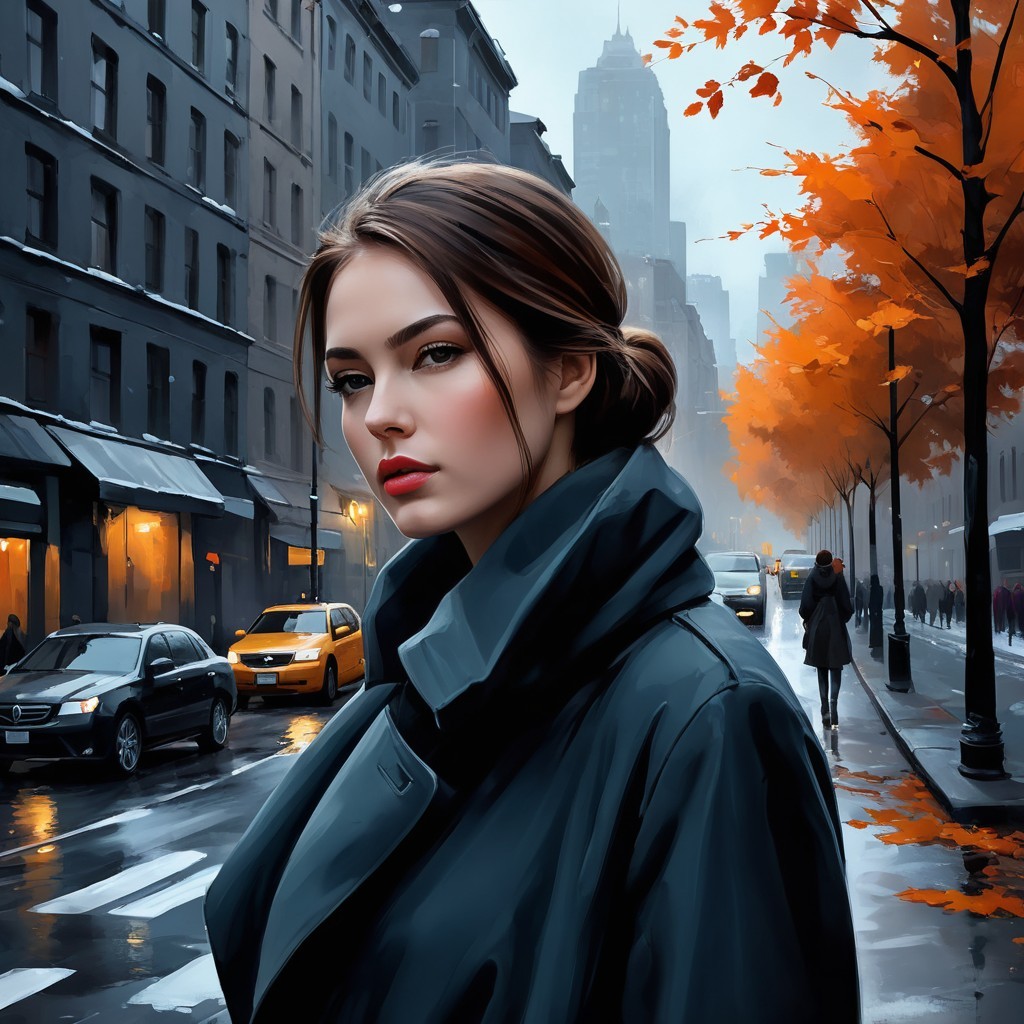 Stylish Woman in Elegant Coat on City Street Scene