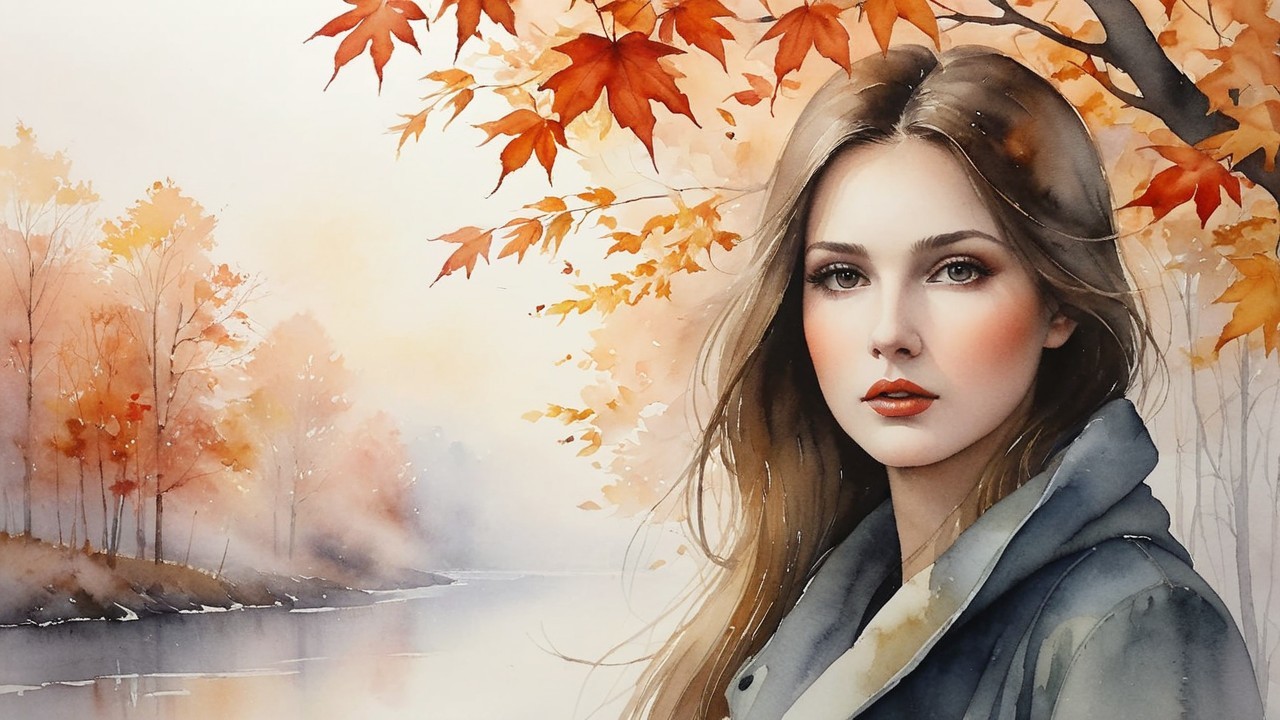 Watercolor Painting of Woman in Autumn Foliage