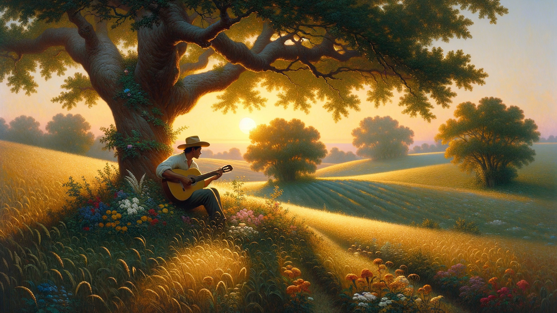 Serene Landscape with Flowers and Sunset Glow