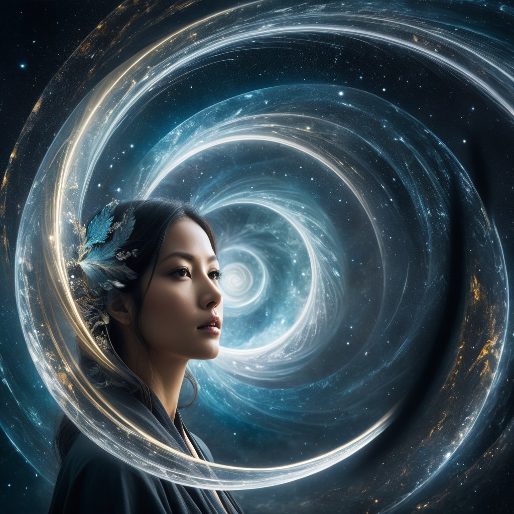 Woman in Cosmic Setting with Floral Accents