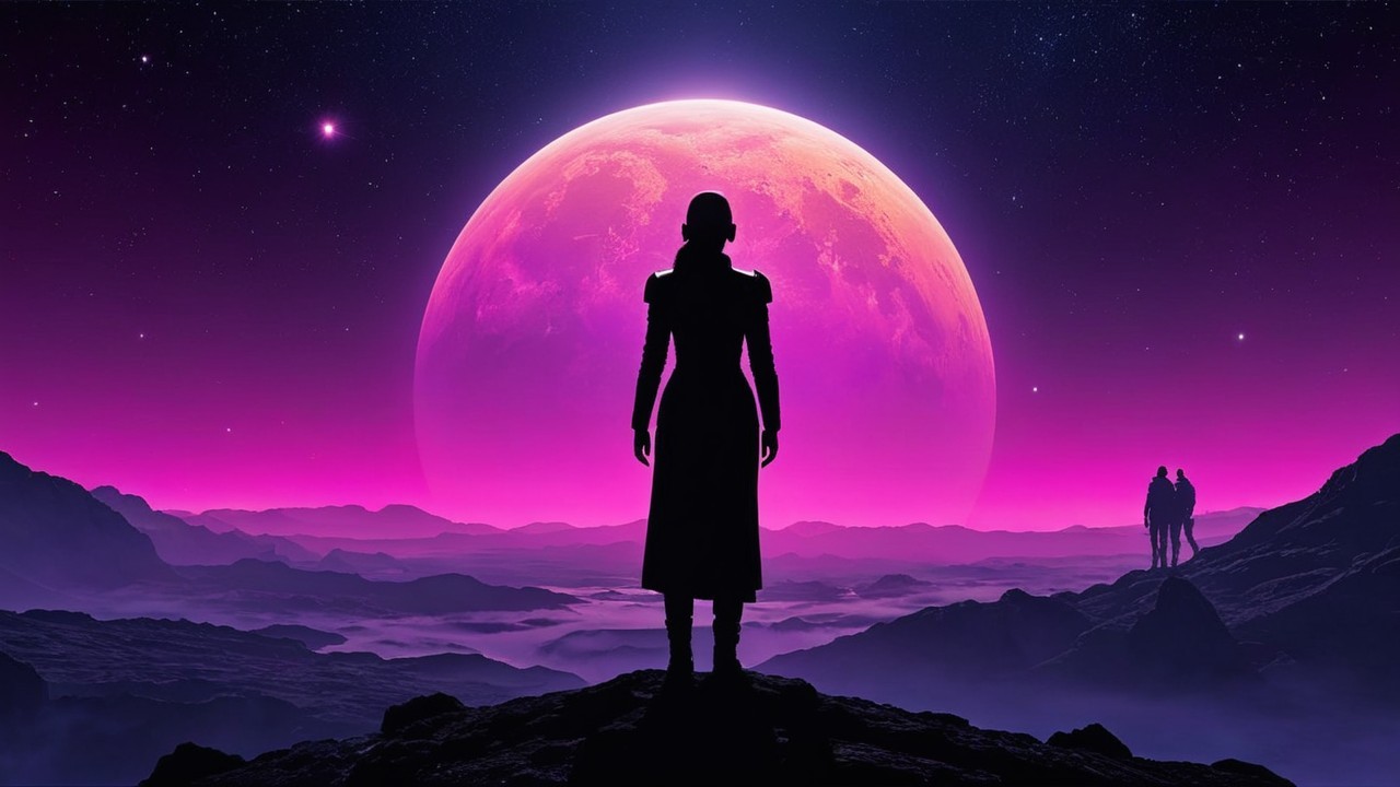 Silhouetted Figure on Rocky Outcrop with Cosmic Scene