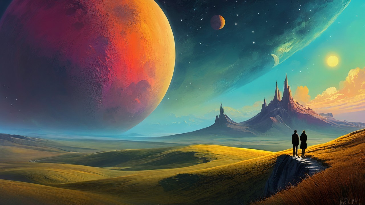 Vibrant Alien Landscape with Cosmic Elements