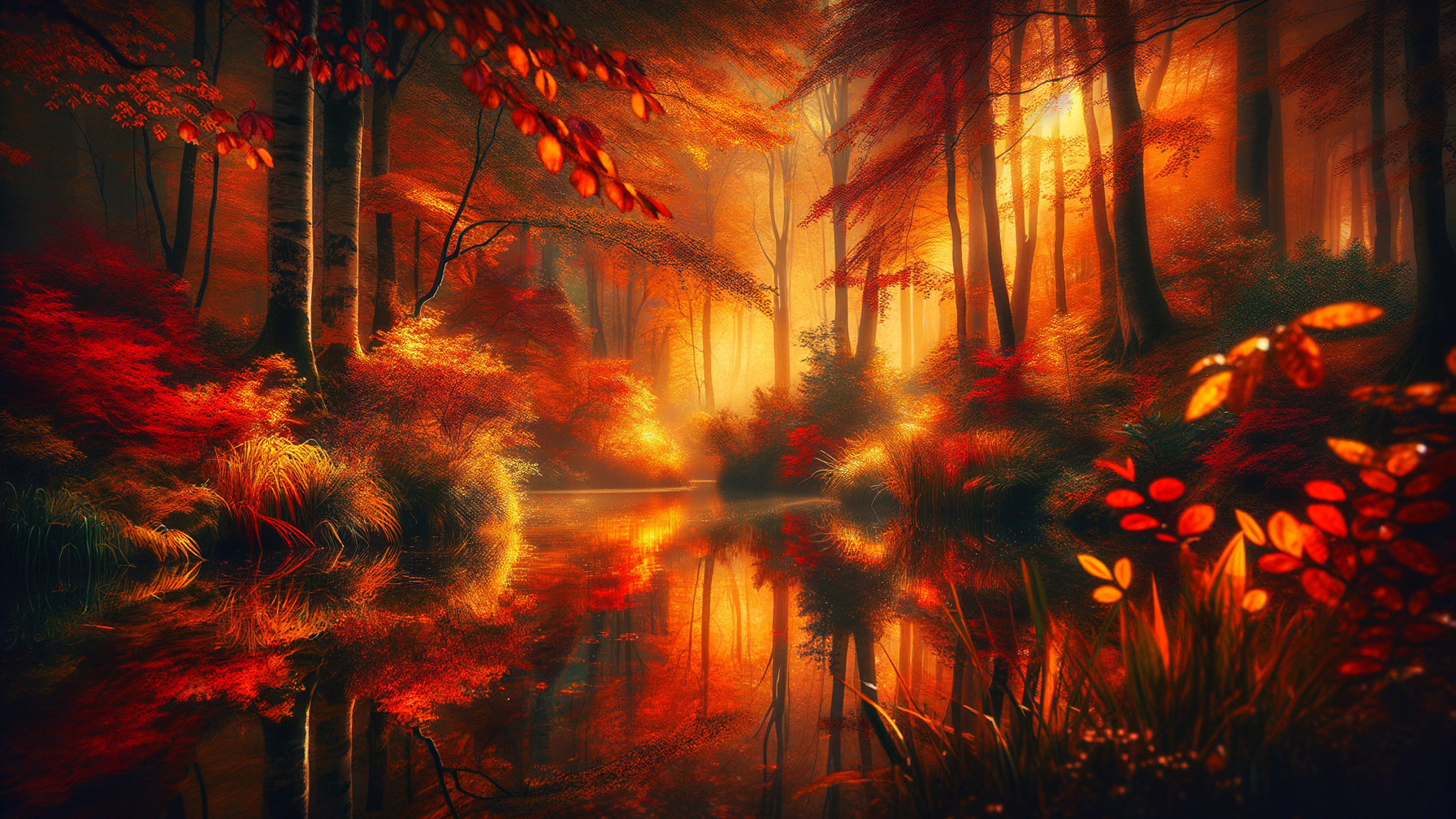 Tranquil Autumn Forest Scene with Sunset Reflections