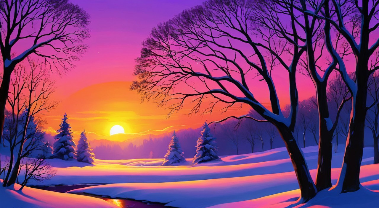 Winter Landscape with Sunset Over Snow-Covered Terrain