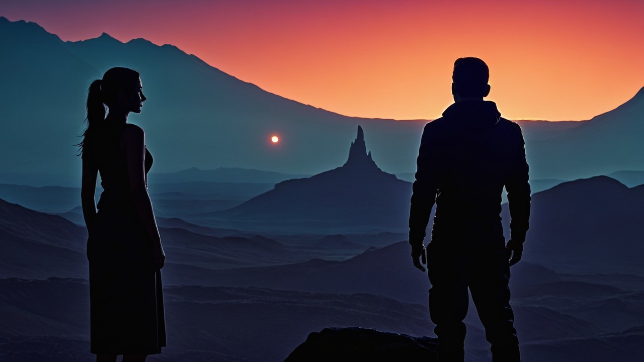 Silhouette of Couple Against Dramatic Sunset Landscape