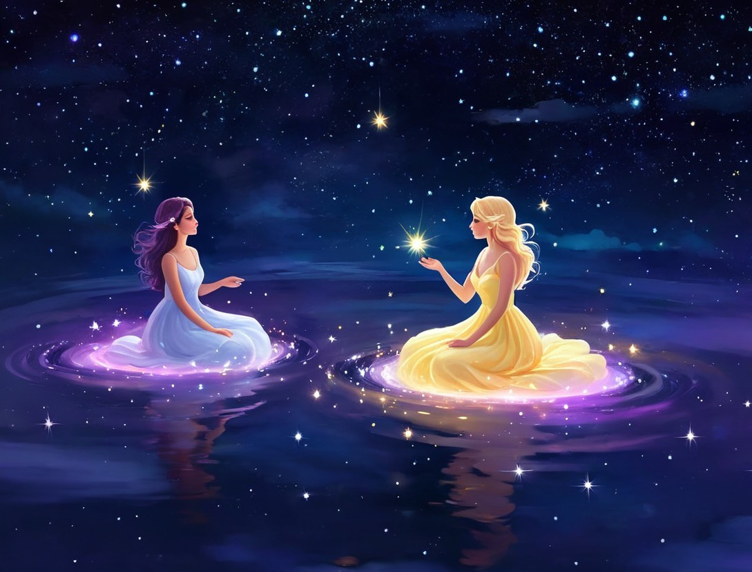 Ethereal Figures in Starry Water Landscape