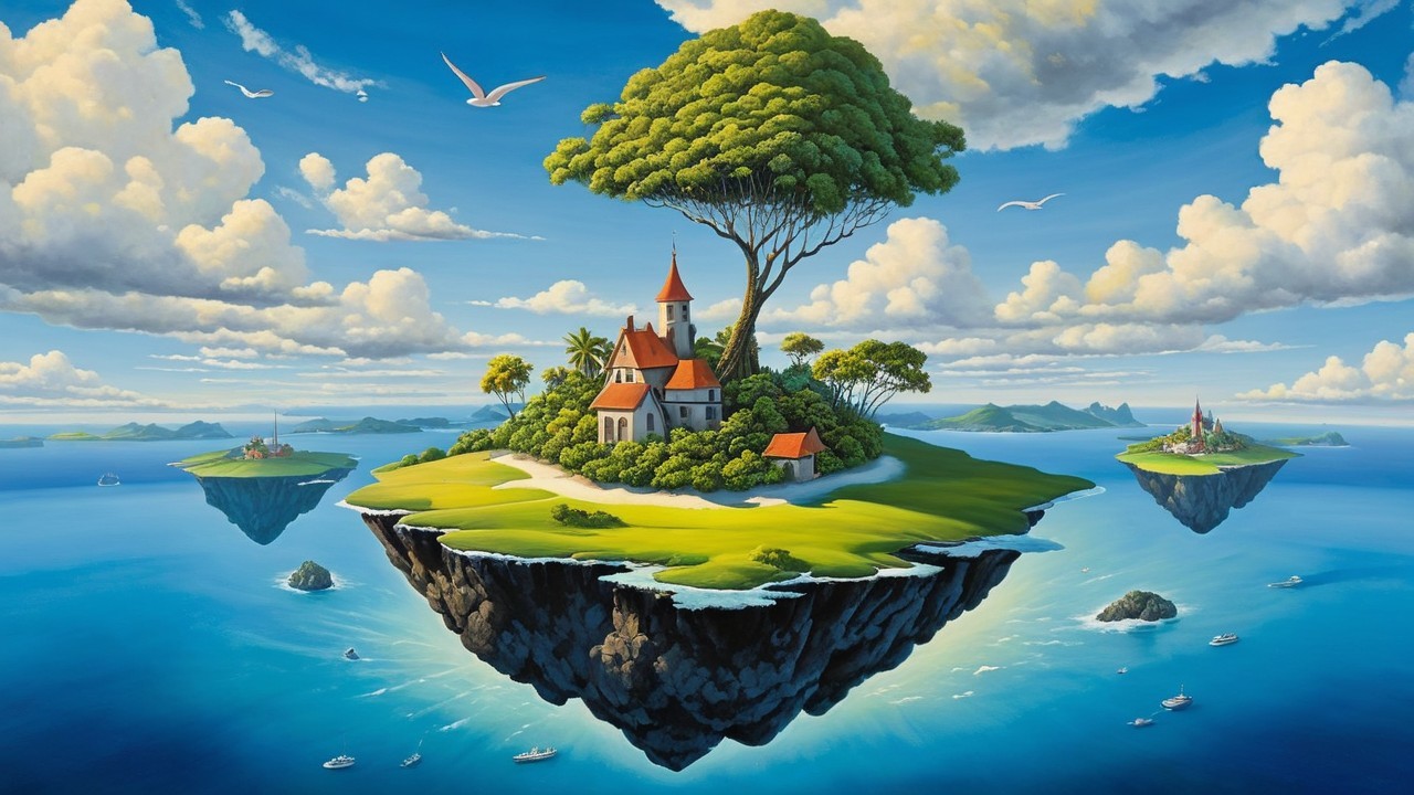 Dreamy Floating Island Landscape with House and Trees