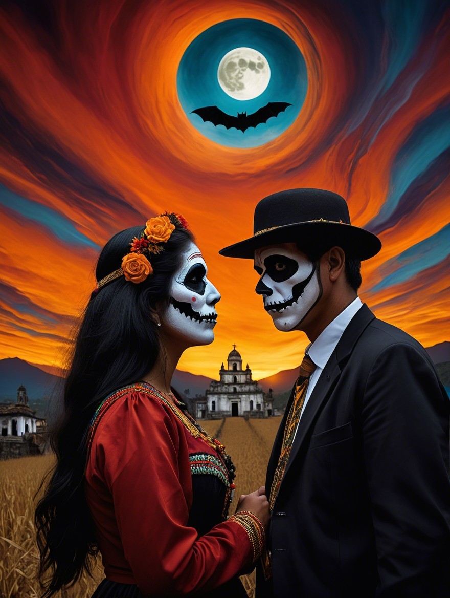 Couple in Day of the Dead Face Paint Against Sunset Sky