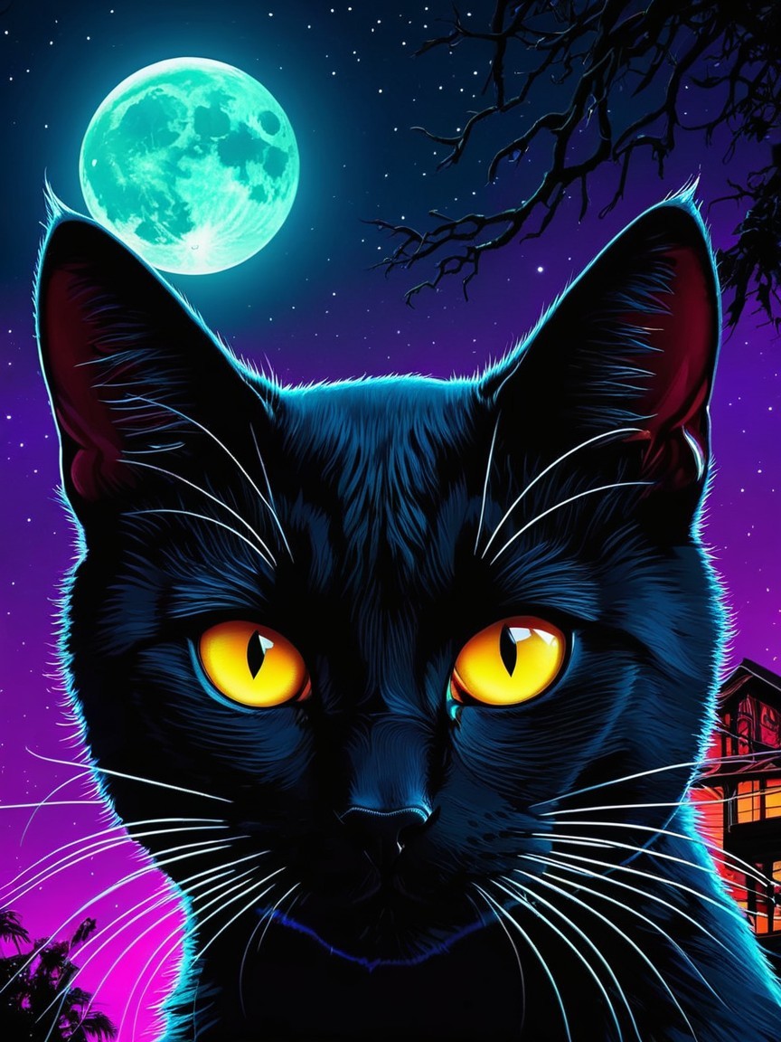 Black Cat with Amber Eyes Against Starry Night Sky