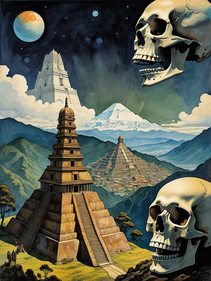 Surreal Landscape with Temples and Oversized Skulls