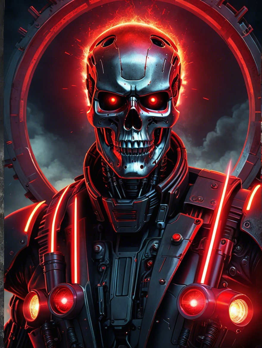Futuristic Robot Skull with Glowing Red Eyes and Armor