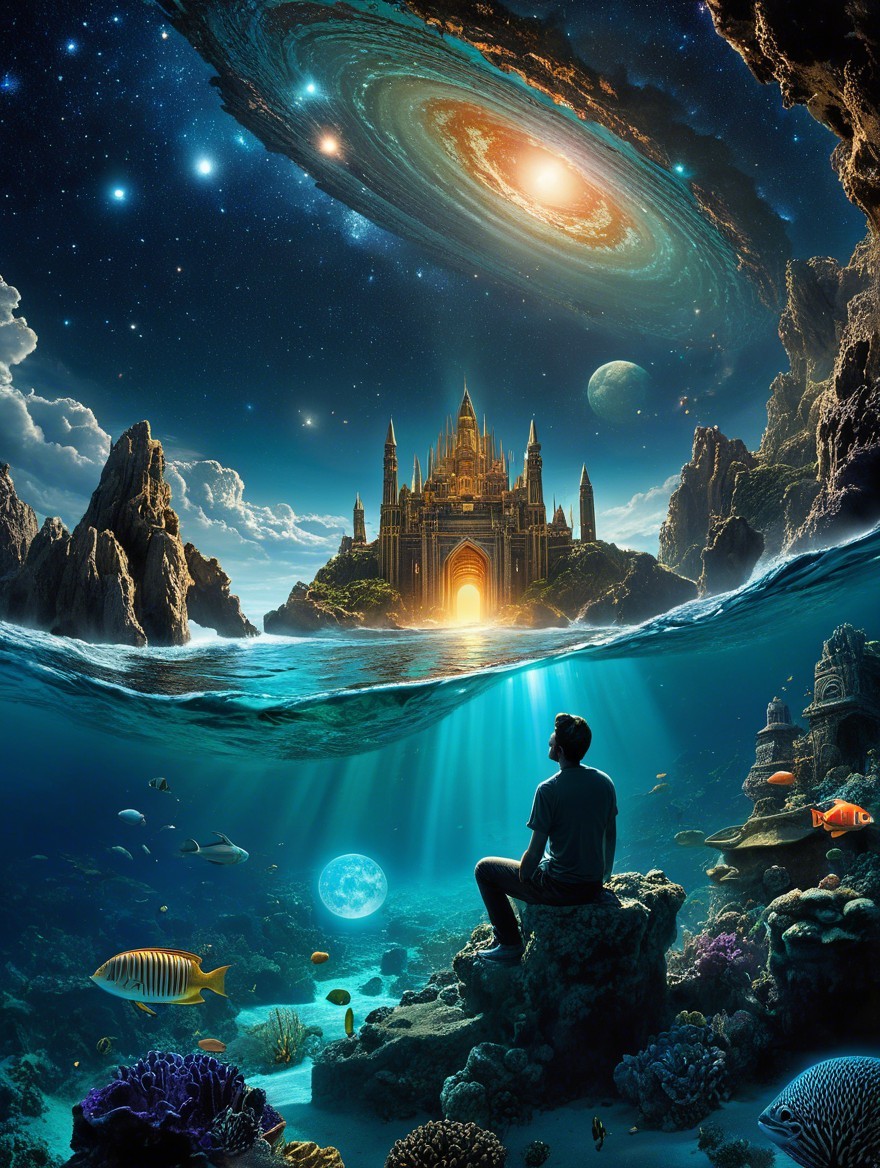 Mystical Castle and Underwater World in Dreamlike Landscape