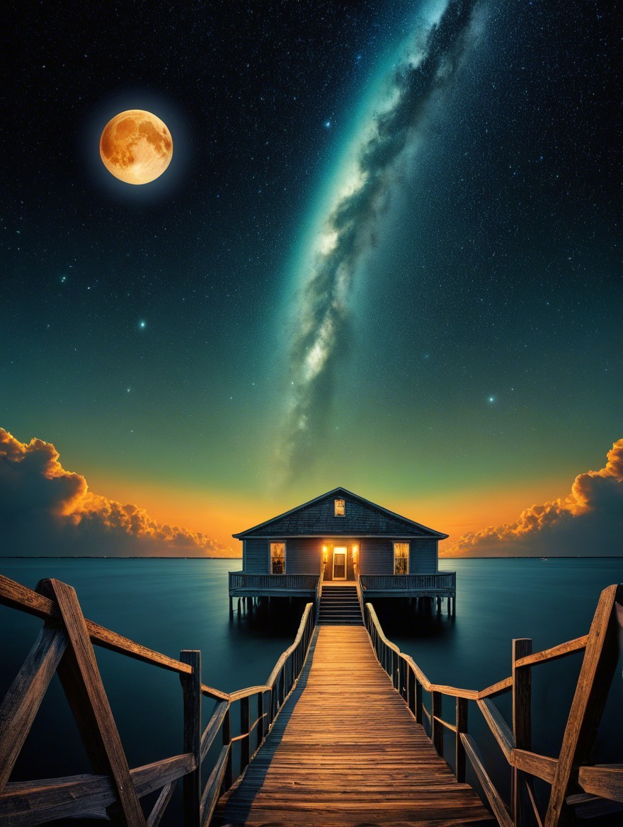 Wooden Pier and House Under Starry Night Sky