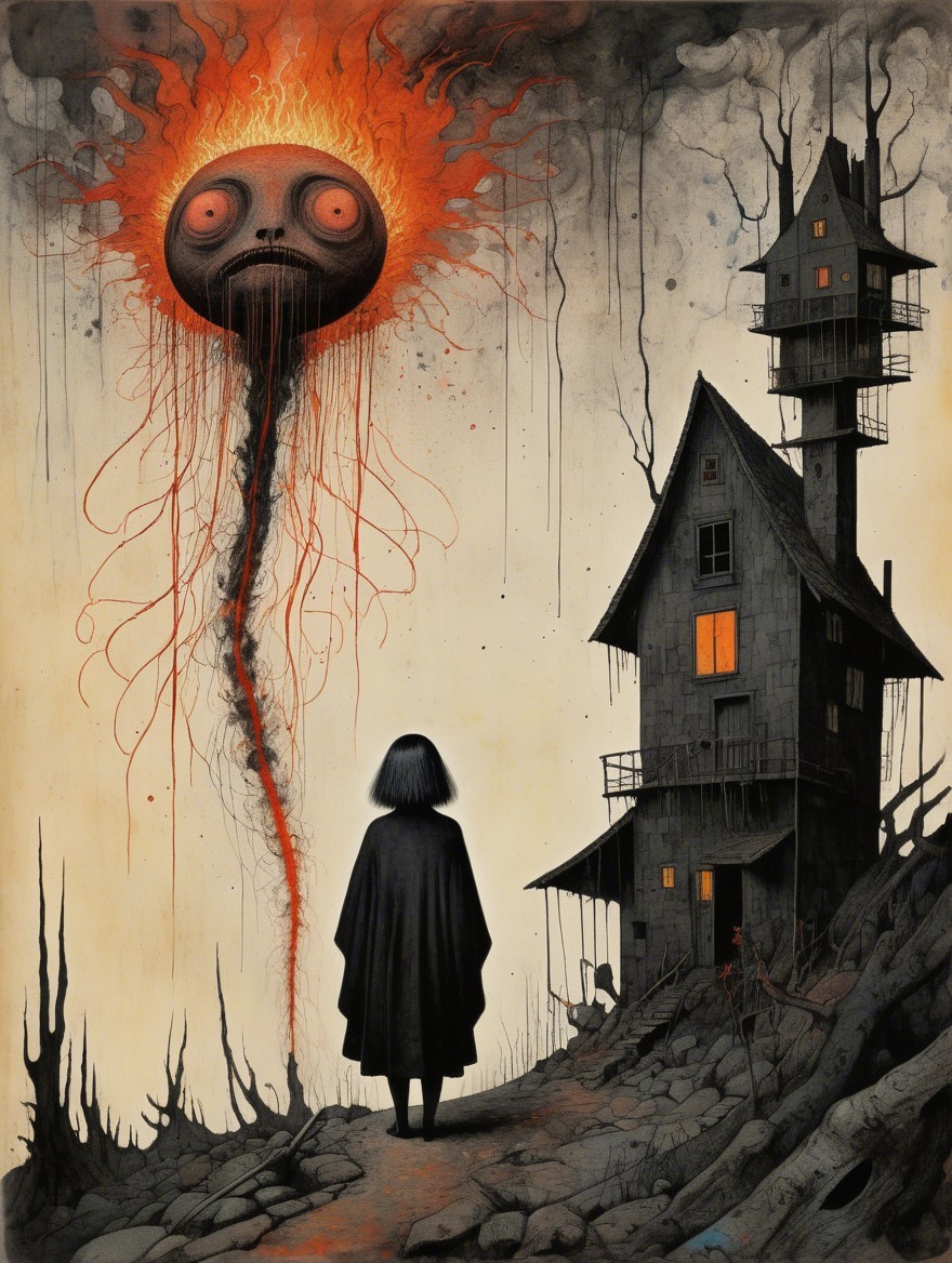 Shadowy Figure on Path with Surreal Sun and House