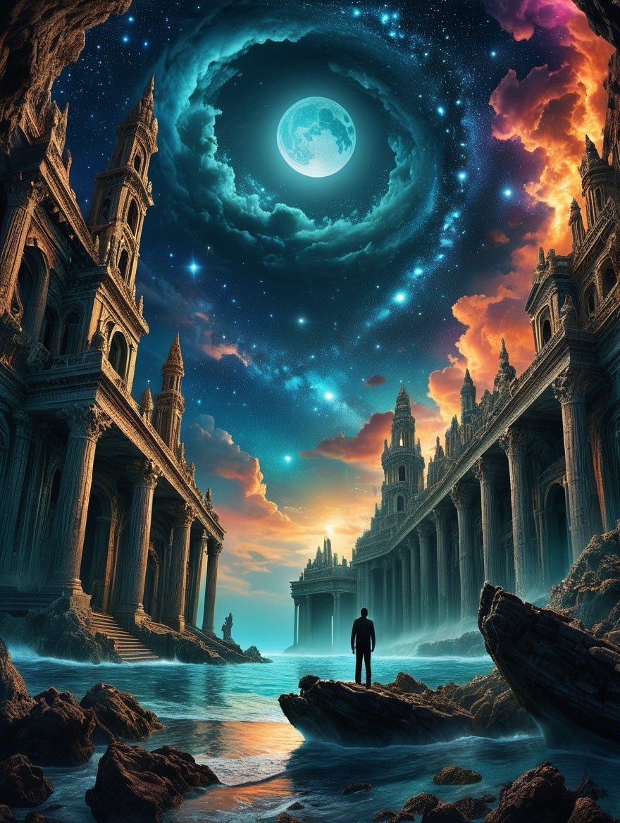 Surreal Landscape with Ancient Structures and Moonlight
