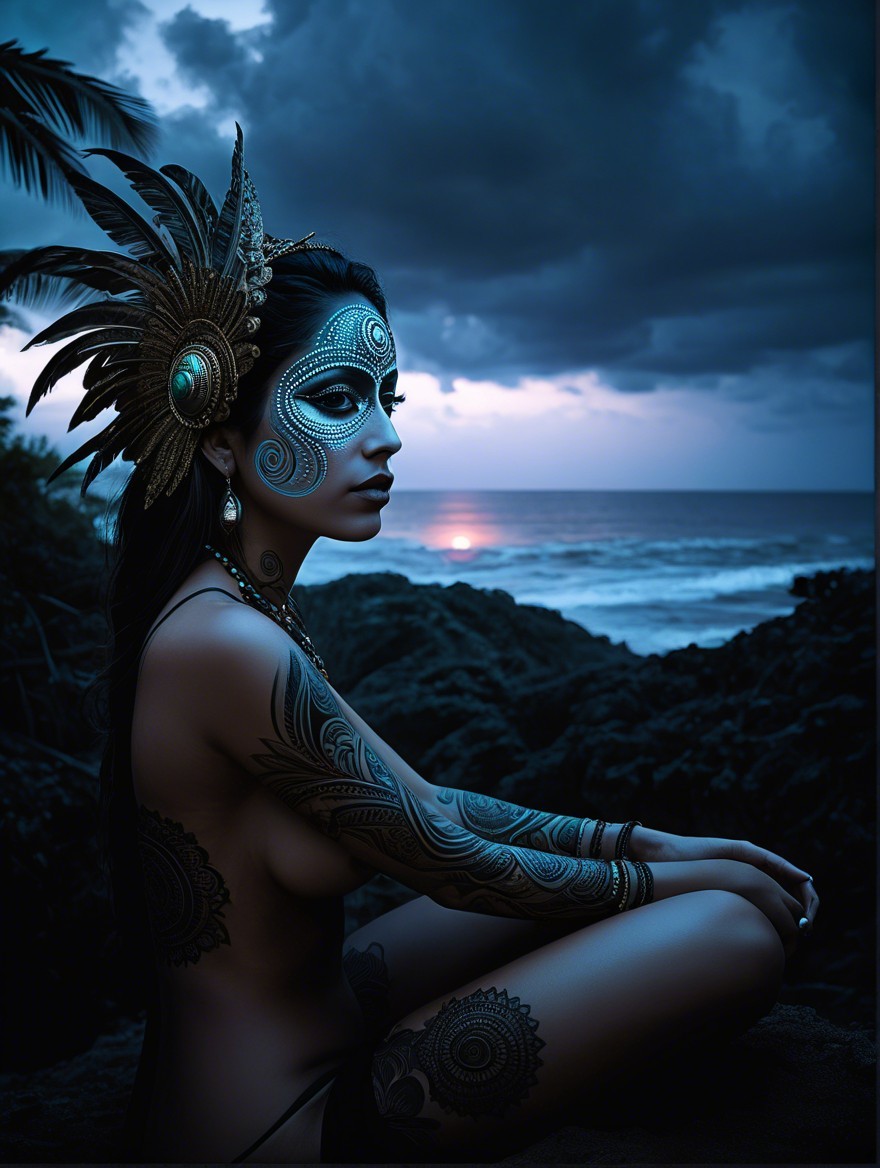 Twilight Scene of Woman with Tattoos and Face Paint