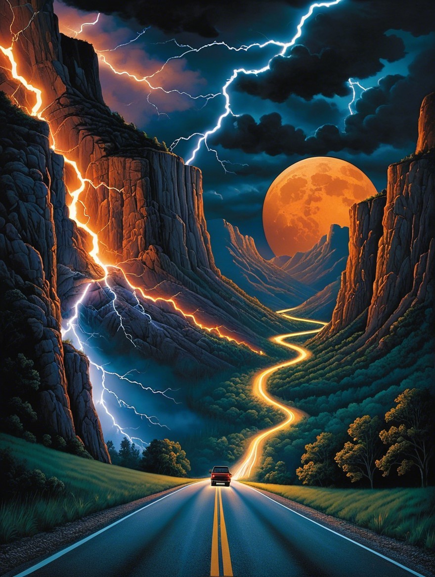Winding Road Through Dramatic Landscape and Moonlight