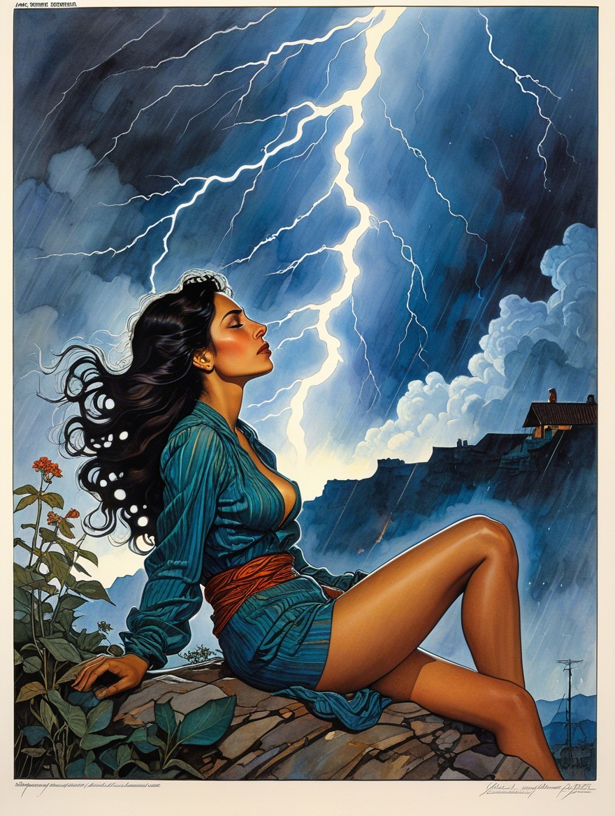 Woman on Rocky Ledge with Stormy Sky and Lightning