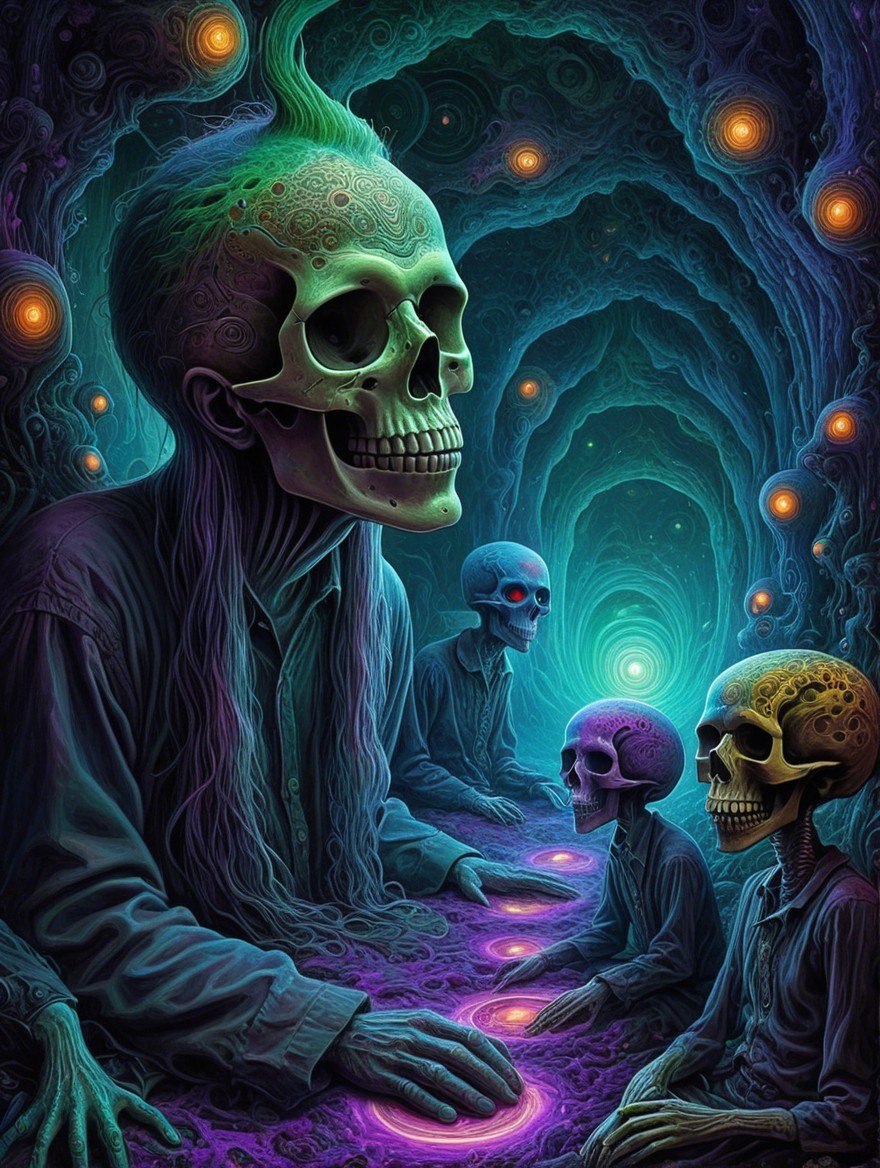 Humanoid skeletons in a vibrant cosmic scene