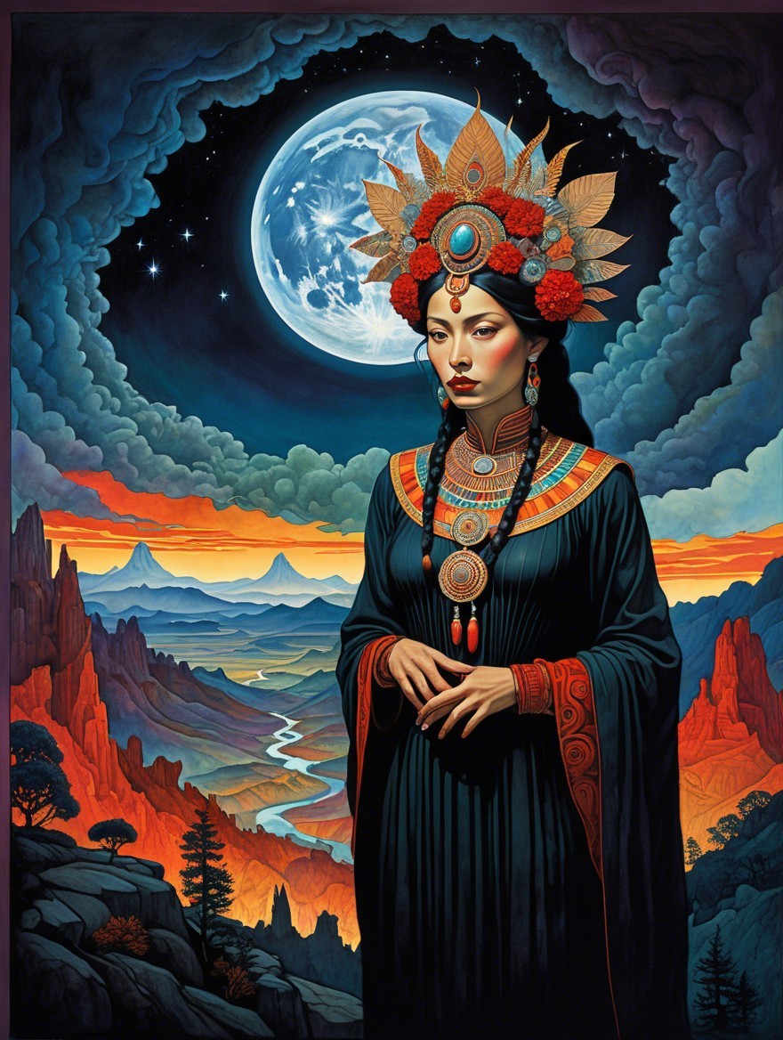 Regal figure in dark robe against dramatic landscape
