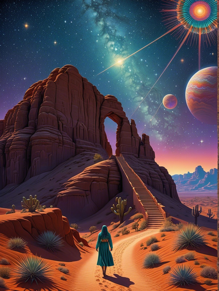 Surreal Desert Landscape with Cosmic Twilight Sky