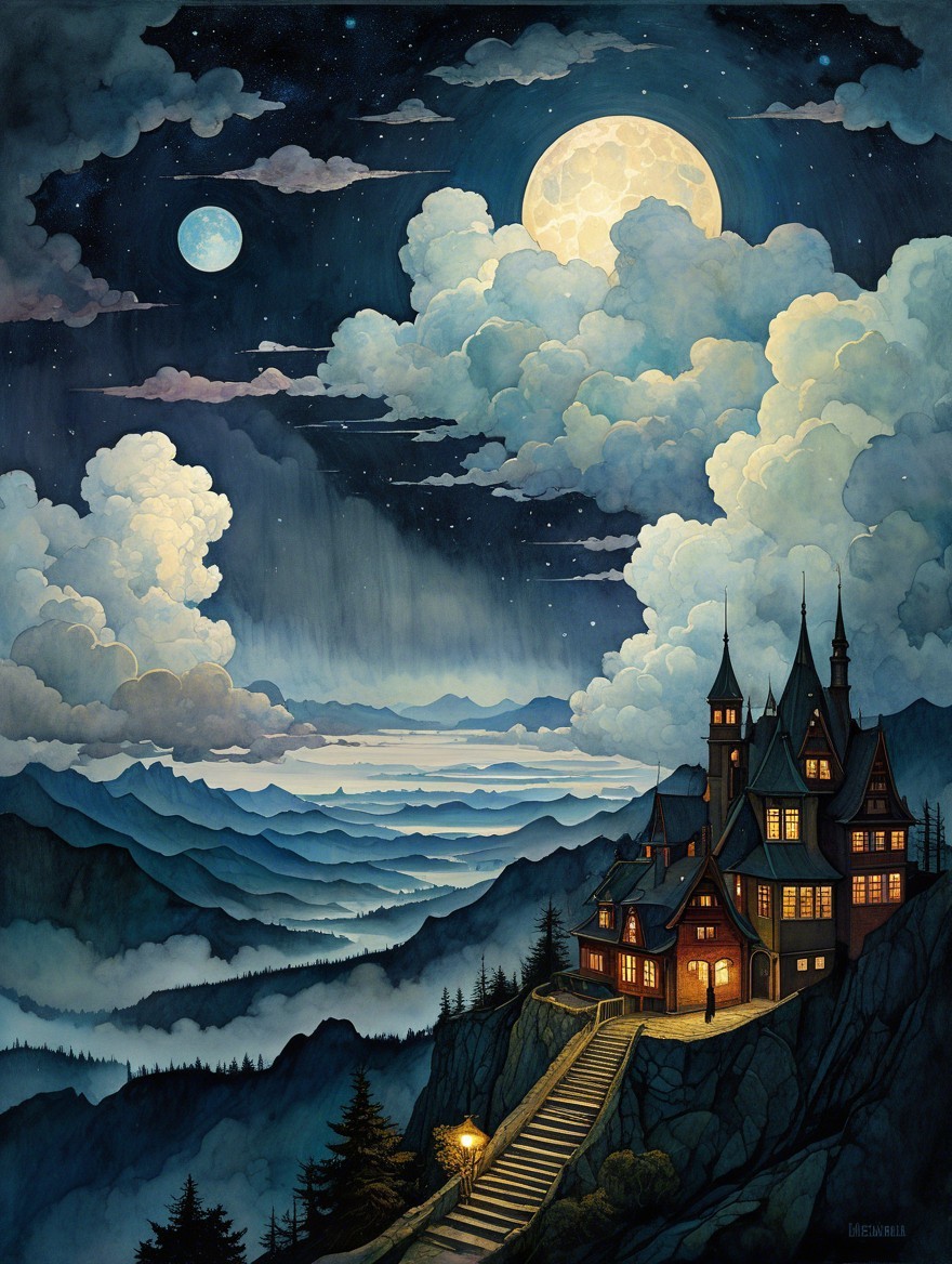 Enchanted Castle Landscape Under Moonlit Sky