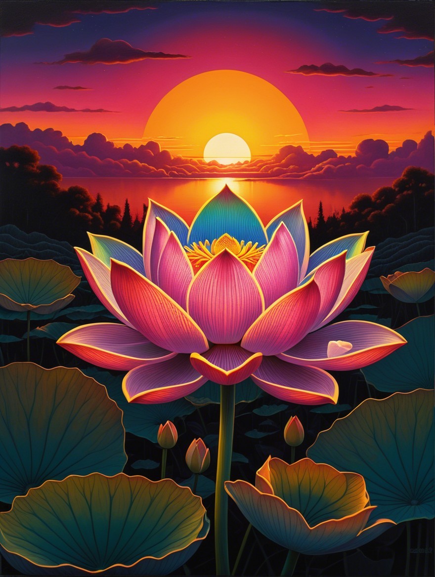 Vibrant Pink Lotus Blooms at Sunset with Clouds