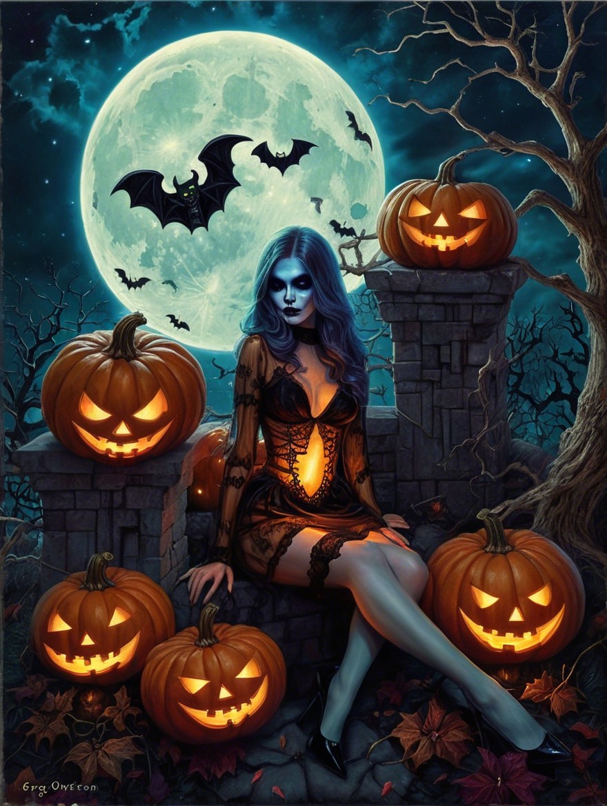 Mystical Halloween Scene with Skull-Painted Woman