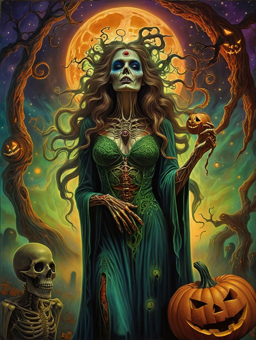 Mystical Skeleton Woman in a Haunting Landscape