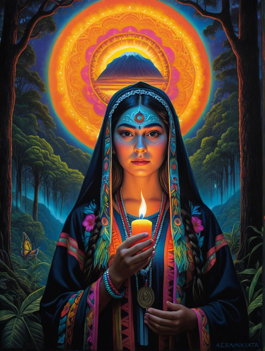 Vibrant Traditional Figure with Candle in Nature Setting