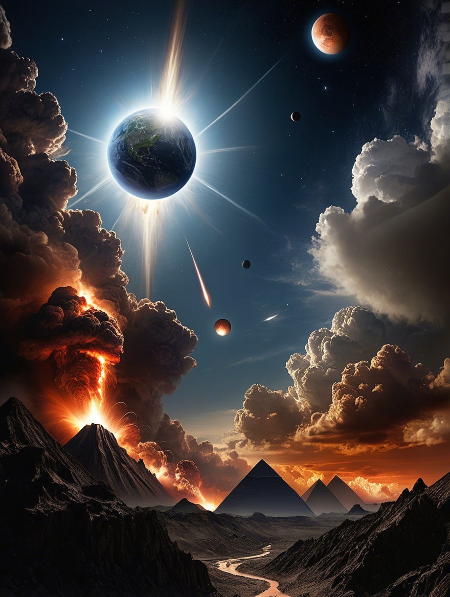 Cosmic Scene with Earth, Pyramids, and Volcanoes