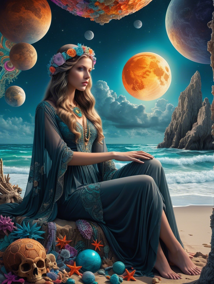 Woman in teal gown on beach with cosmic backdrop