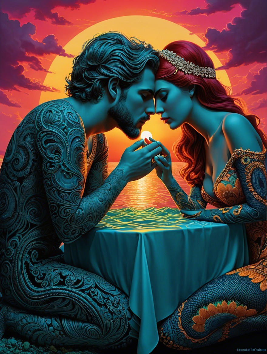 Couple at Sunset with Candlelight and Ocean Reflection