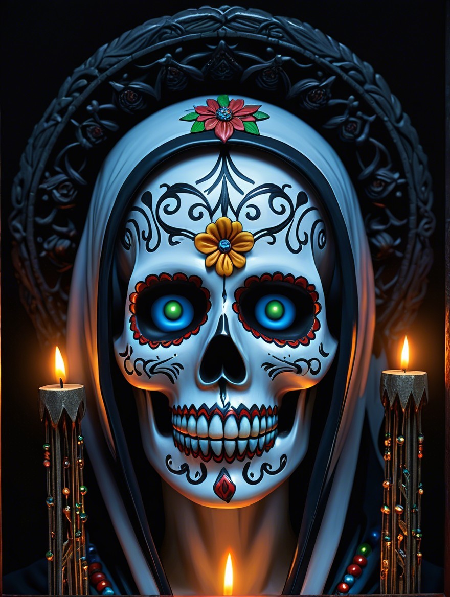 Stylized sugar skull with colorful flowers and candles