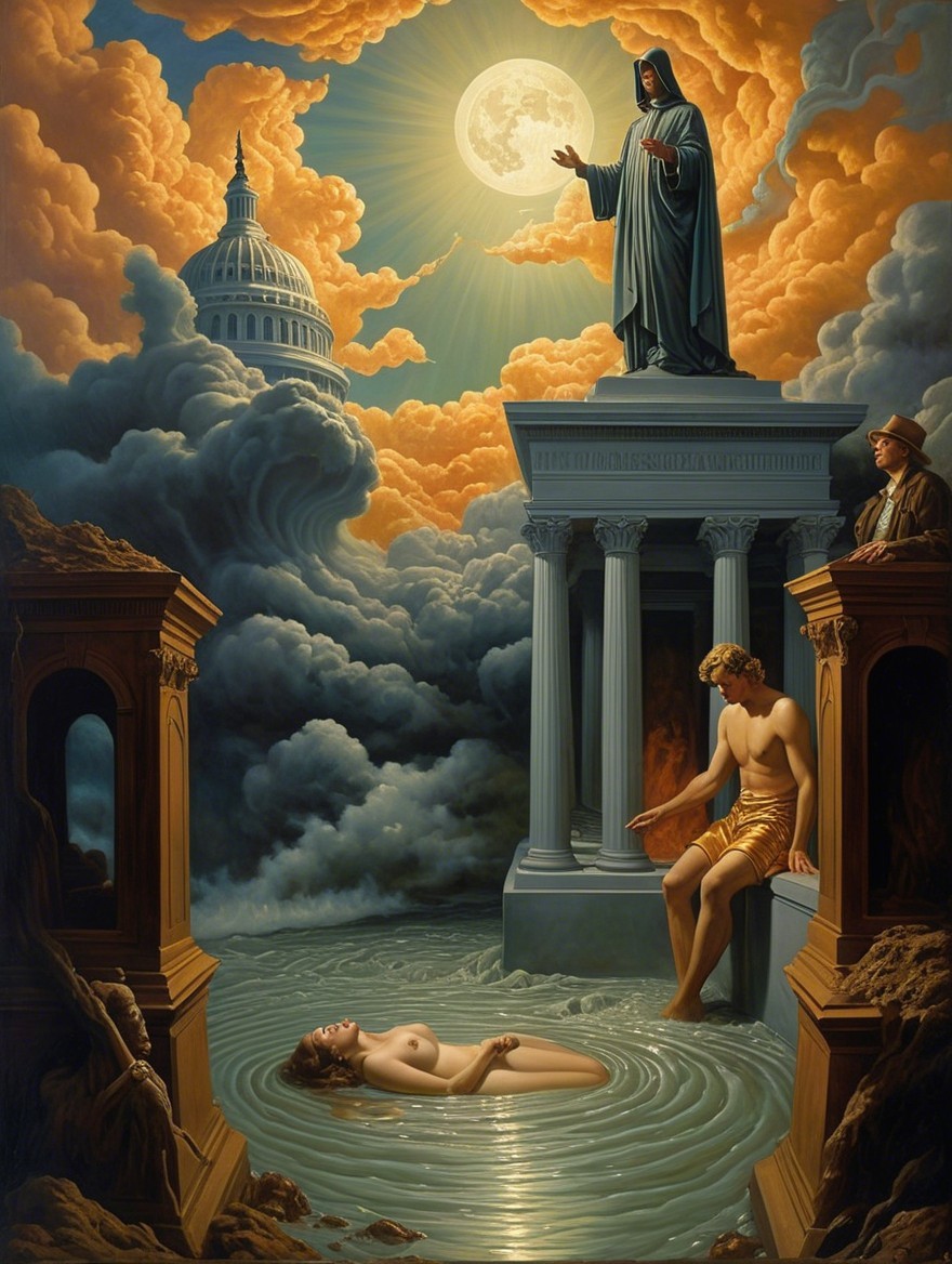 Surreal Scene with Moon, Water, and Neoclassical Elements