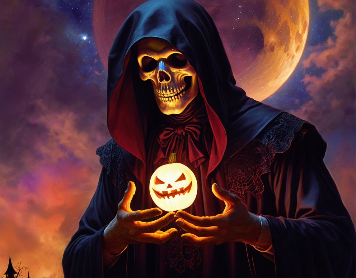 Cloaked Figure with Glowing Pumpkin at Twilight Sky