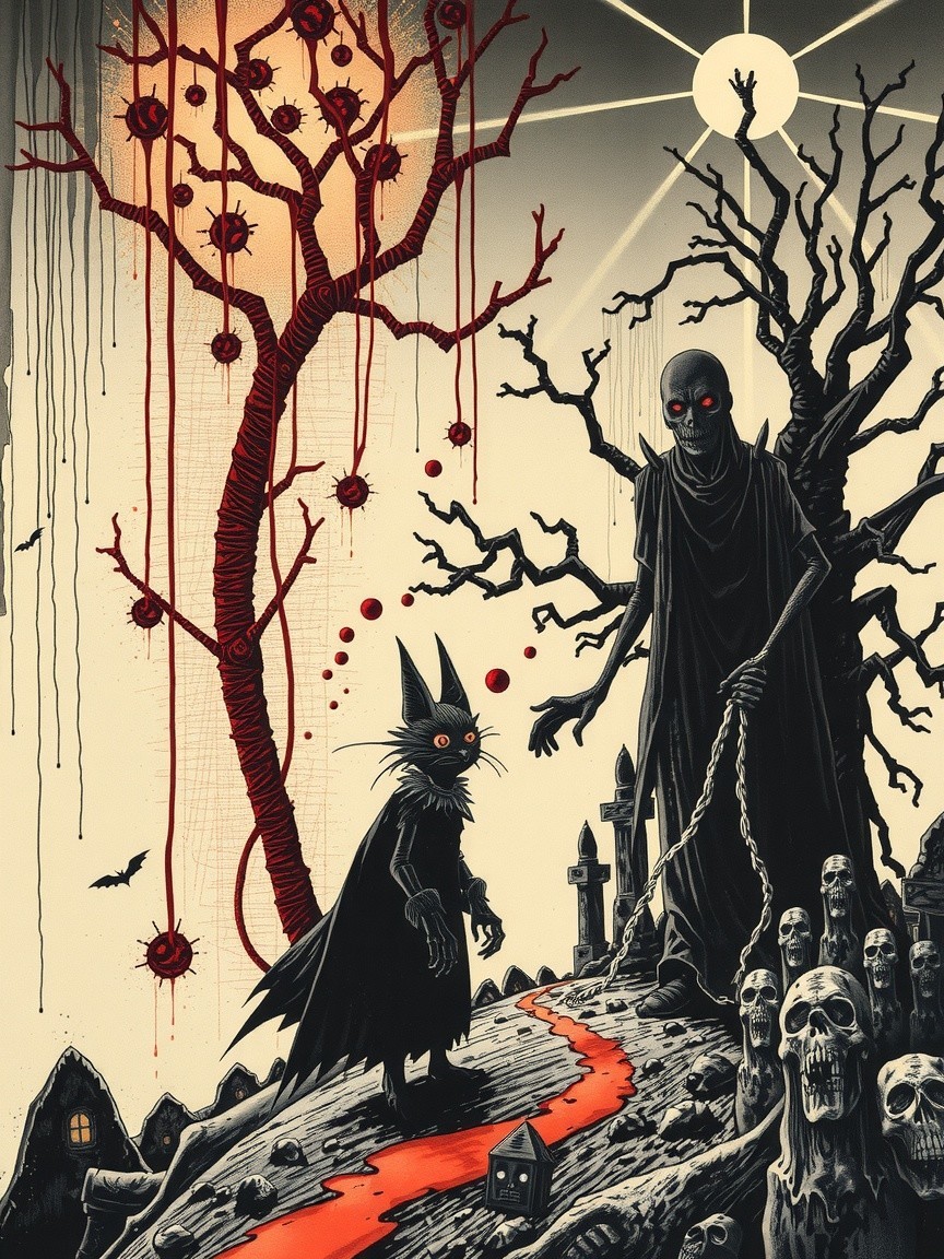 Eerie landscape with cloaked figure and sinister cat