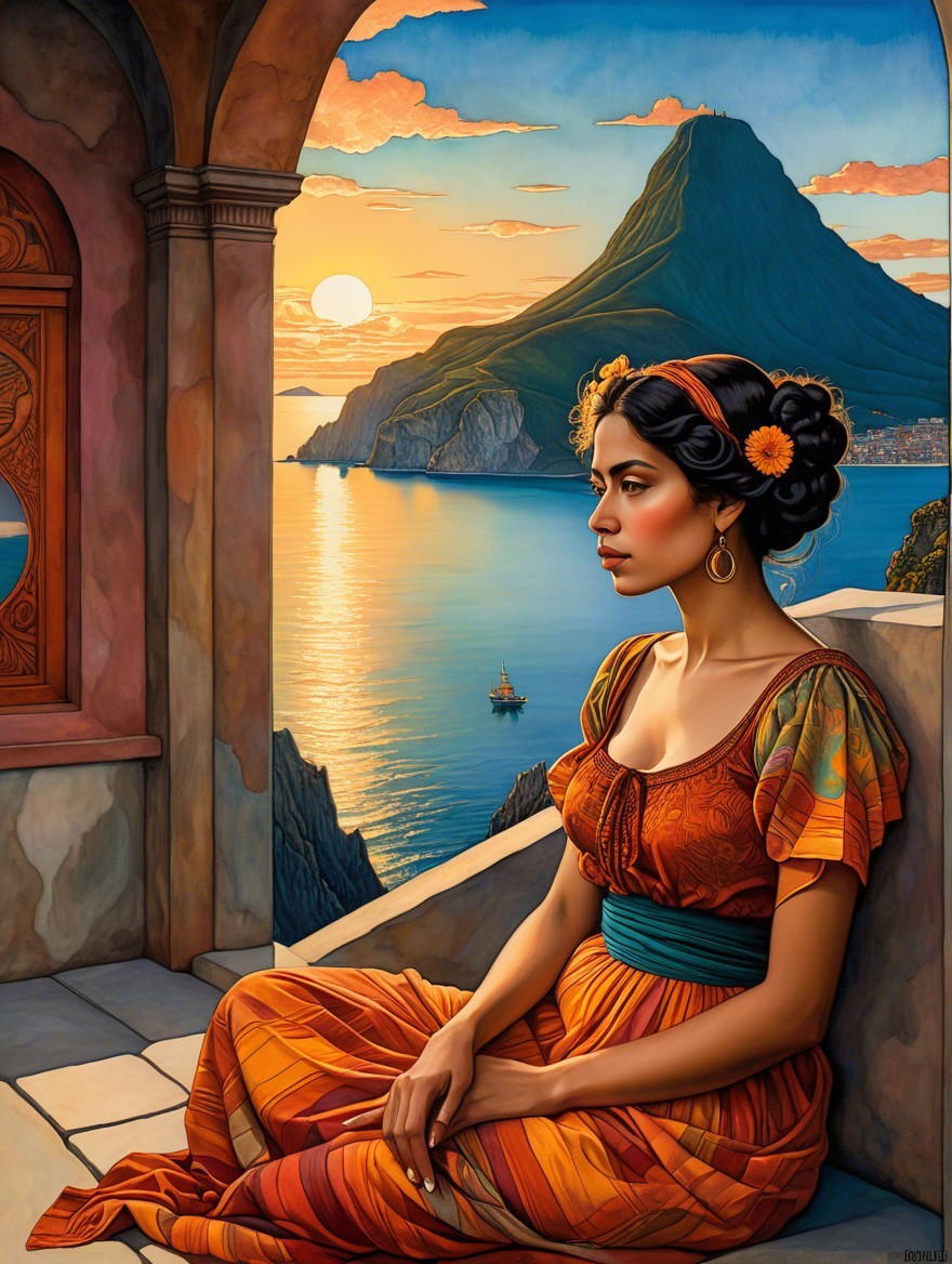 Woman in patterned dress gazes at sunset over sea