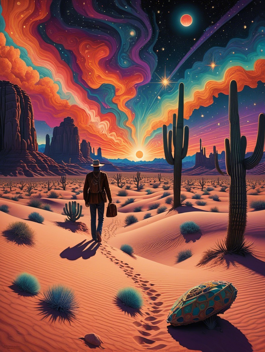 Surreal Desert Landscape with Vibrant Sky and Cacti