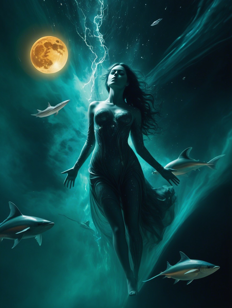 Mystical Underwater Scene with Glowing Moonlight