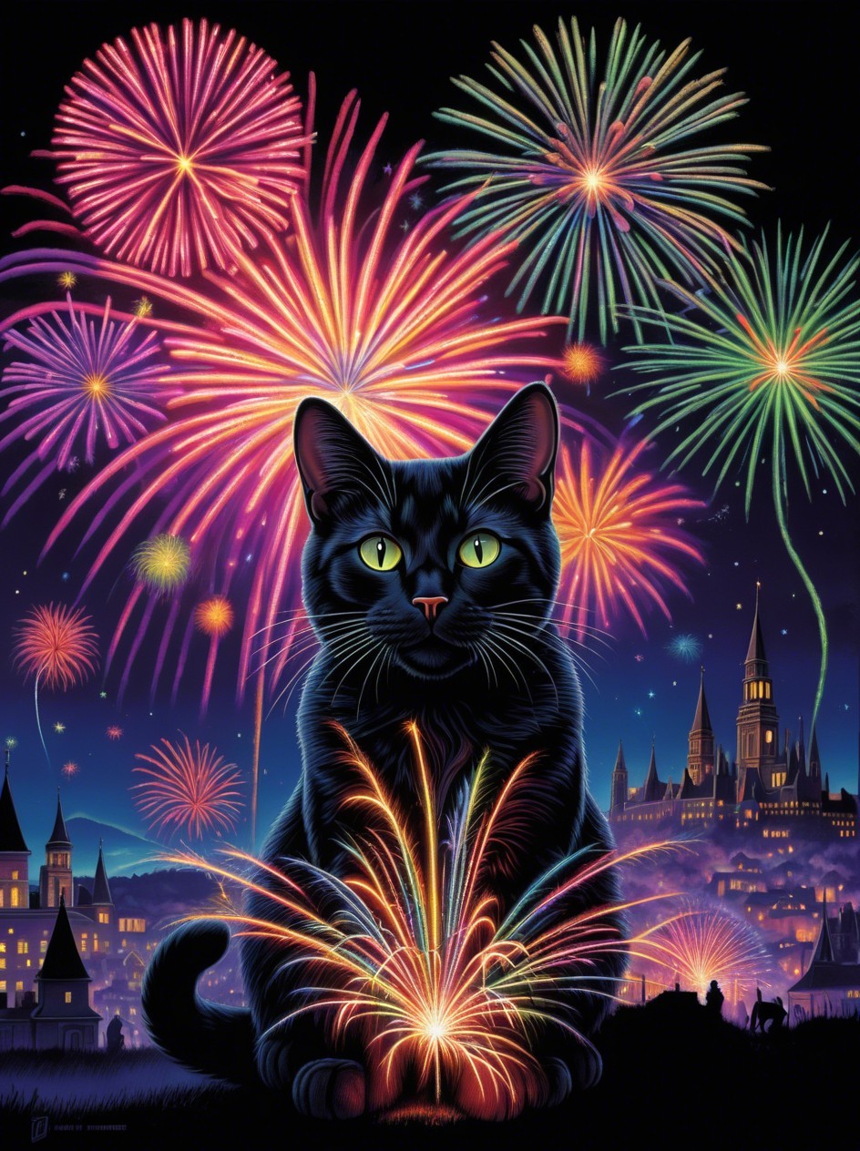 Black Cat with Emerald Eyes Against Fireworks Display