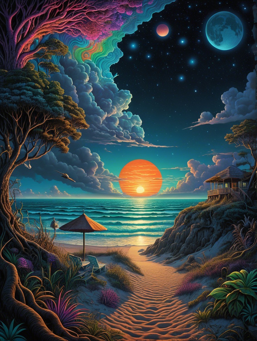 Surreal Coastal Sunset with Vibrant Colors and Waves