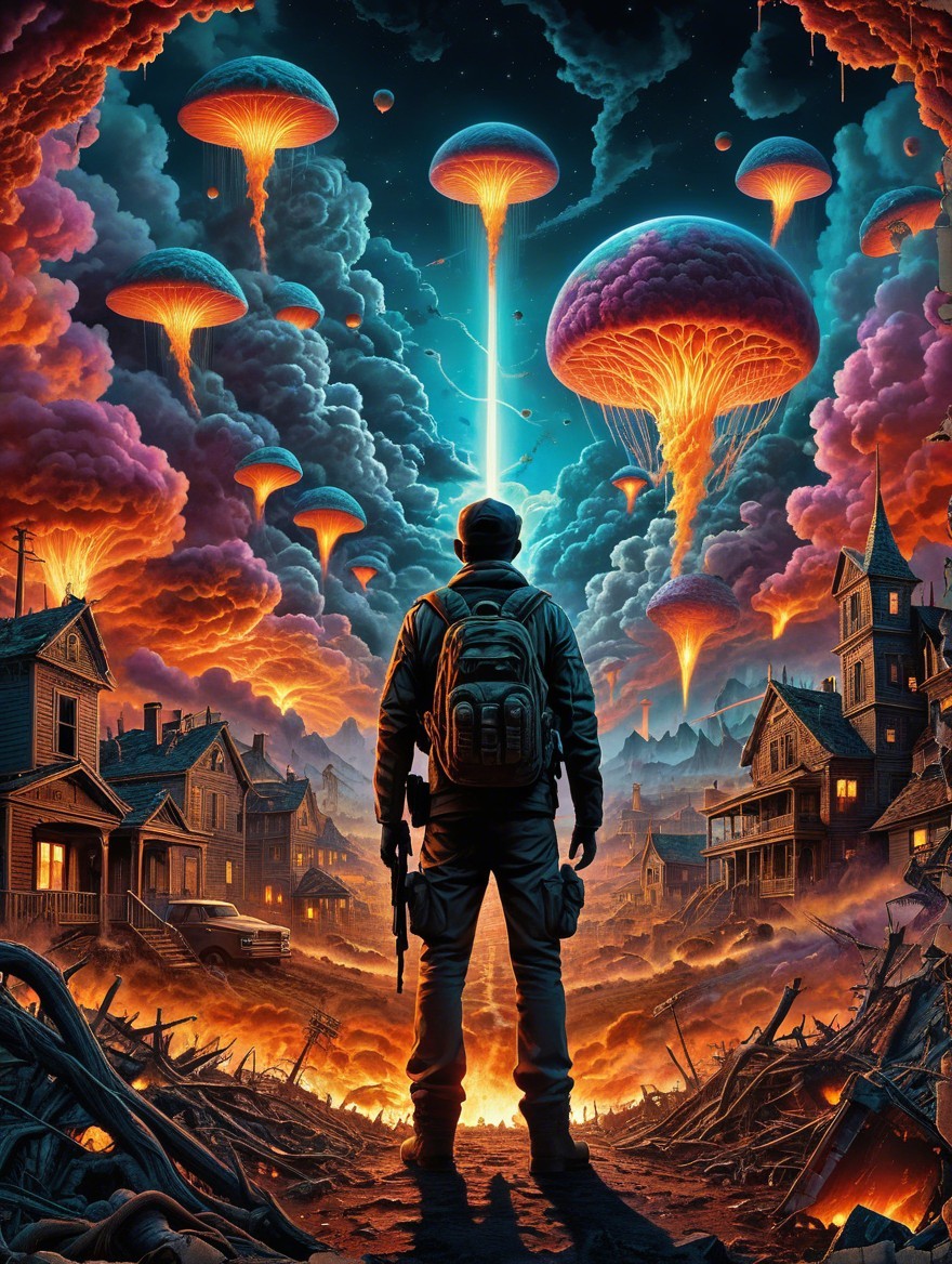 Silhouetted Figure in Surreal Fiery Landscape