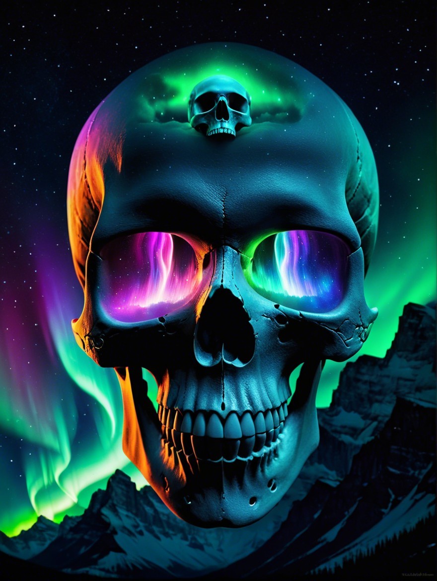 Digital Artwork of Glowing Skulls in Serene Landscape