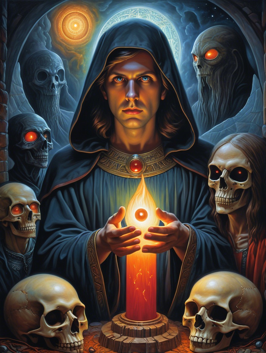 Mysterious Figure with Glowing Orb in Dark Ritual Scene