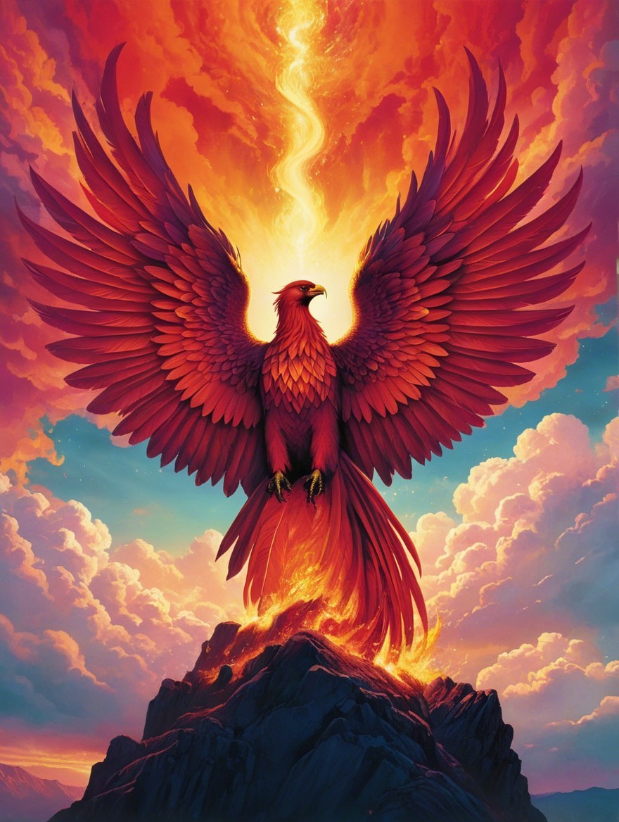 Phoenix Rising from Fiery Mountain with Vibrant Feathers